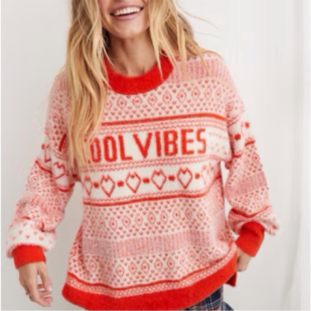 Aerie Red and White Crew Neck Sweater